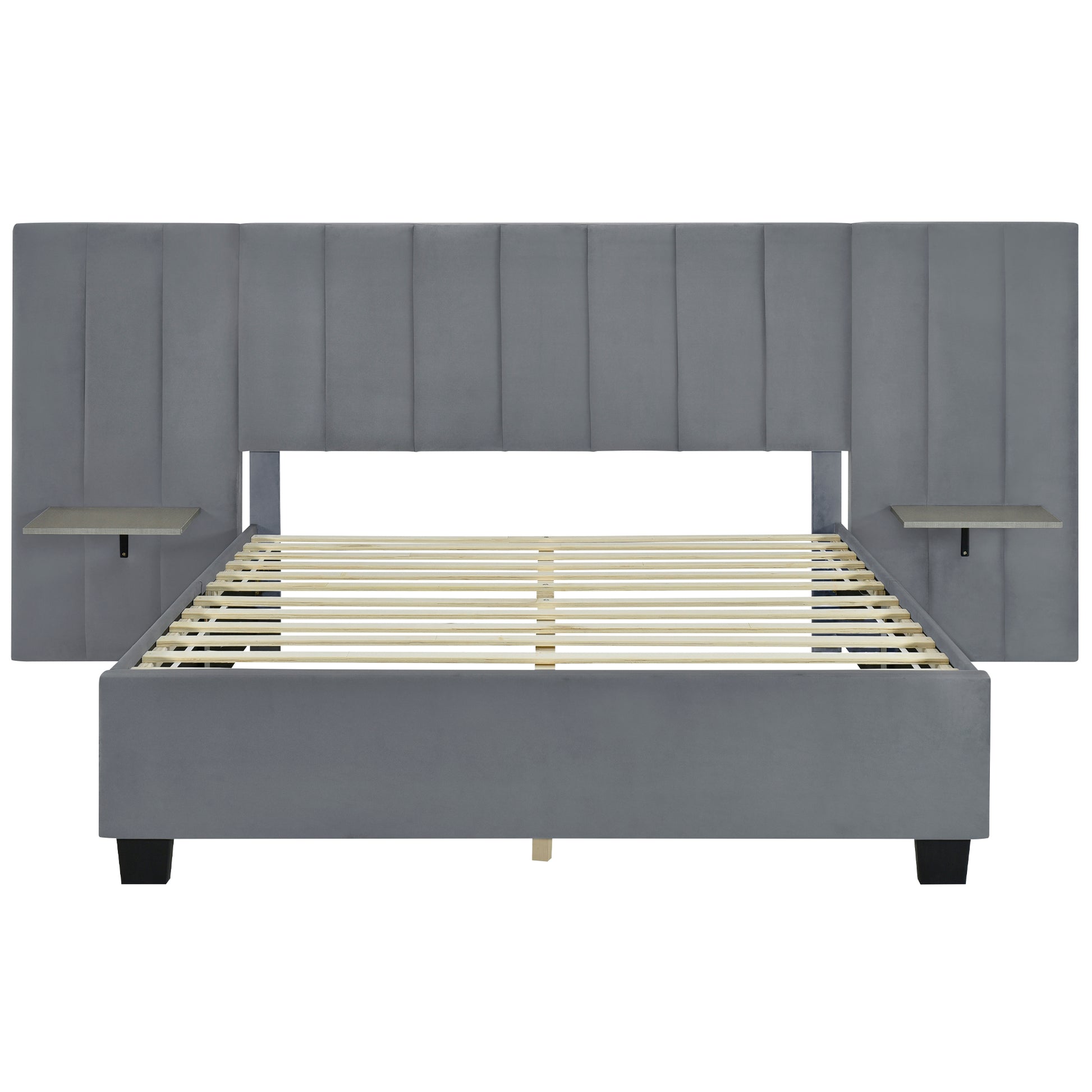 Queen Size Upholstered Platform Bed With Big Headboard, Bedroom Furniture, Velvet, Gray Queen Gray Plywood