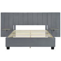 Queen Size Upholstered Platform Bed With Big Headboard, Bedroom Furniture, Velvet, Gray Queen Gray Plywood