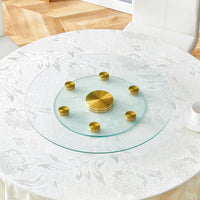 Double Layer Rotatable Round Glass.Golden Aluminum Plate,The Rotatable Design Makes It Convenient To Retrieve And Place Items.The Upper Glass Has A Diameter Of 24 Inches, The Lower Glass15 Inches.