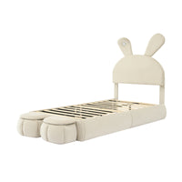 Twin Size Upholstered Platform Bed With Cartoon Ears Shaped Headboard And Light, Beige Box Spring Not Required Twin Beige Wood Bedroom Bed Frame Velvet Upholstered