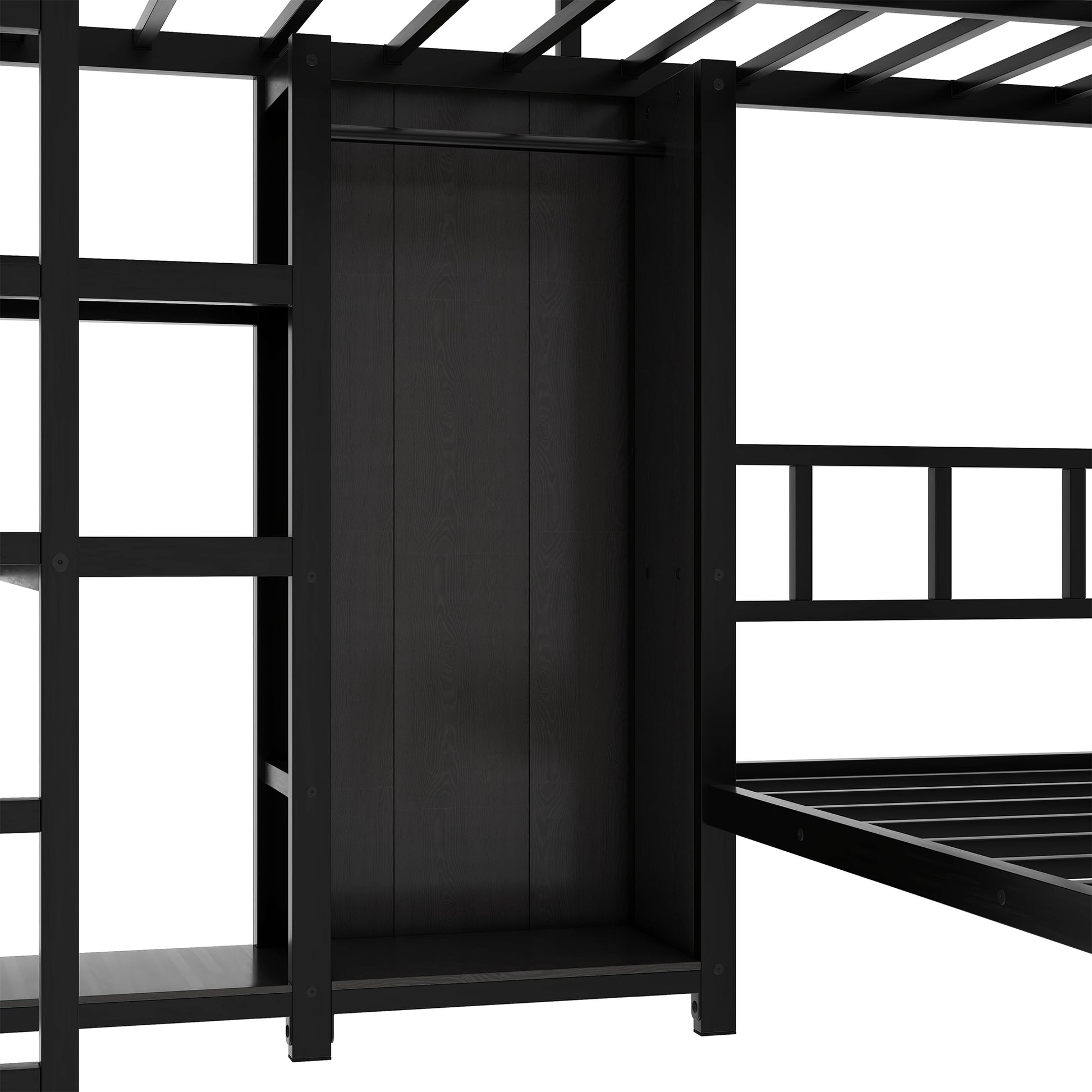 Metal Full Xl Over Twin Bunk Bed With Desk,Bookshelf ,Storage Shelves And Wardrobe,Black Black Metal