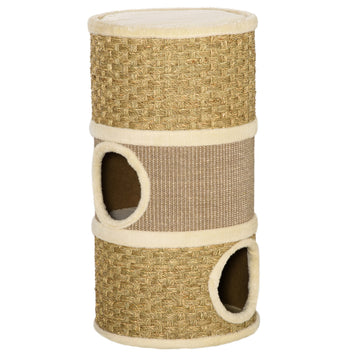 Pawhut 28 Inch Cat Condo, 3 Story Cat Hideaway With Sisal Scratching Pad, Barrel Shaped Small Cat Tree For Indoor Cats, Khaki And Brown Khaki Particle Board