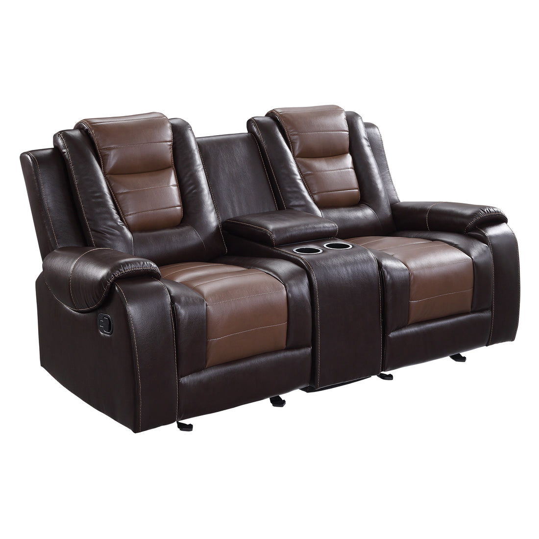 Modern Luxury Loveseat Dual Glider Reclining With Center Console 1Pc Formal Living Room Furniture Premium Faux Leather Upholstery Comfortable Two Tone Brown Finish Dark Brown,Light Brown Faux Leather Wood Primary Living Space Luxury,Modern Plywood,Solid