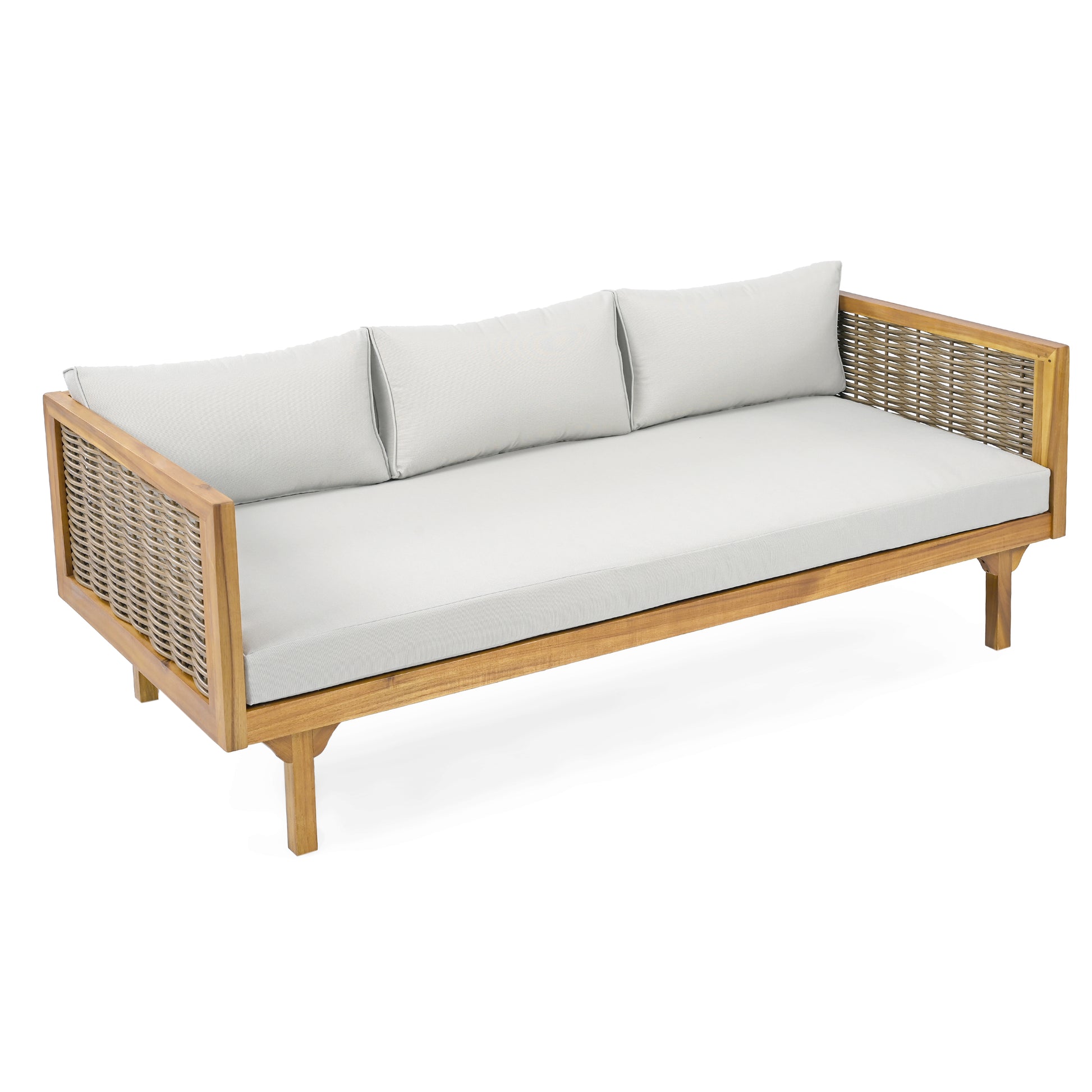 Claremont 3 Seater Daybed With Rattan Arms Light Grey Cushion Teak Wood Fabric Rattan