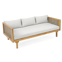 Claremont 3 Seater Daybed With Rattan Arms Light Grey Cushion Teak Wood Fabric Rattan