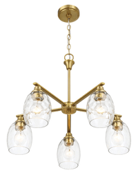 Elegance Five Lights Linear Arms With Golden Brass Finish Chain Chandelier 24"W 8.5"H With Clear Water Glass Clear,Gold Ceiling Lights Brass,Glass