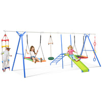 6 In 1 Swing Set For Kids, Toddle Outdoor Swing And Slide Set, Backyard Playground Playsets With Climbing Rope Ladder, Disc Swing, Monkey Bar Swing, Slide And Climbing, Saucer Swing, Swing Ring Blue