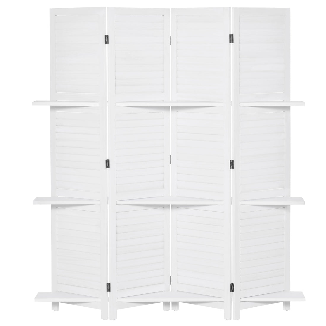 Homcom 4 Panel 67" Tall Wood Privacy Screen Room Divider With 3 Display Shelves, And Folding Storage For Bedroom Or Home Office, White White Wood