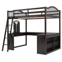 Full Wooden Loft Bed With U Shaped Desk,Storage Compartments And Tri Fold Mirror, Espresso Espresso Plywood,Solid Wood Mdf