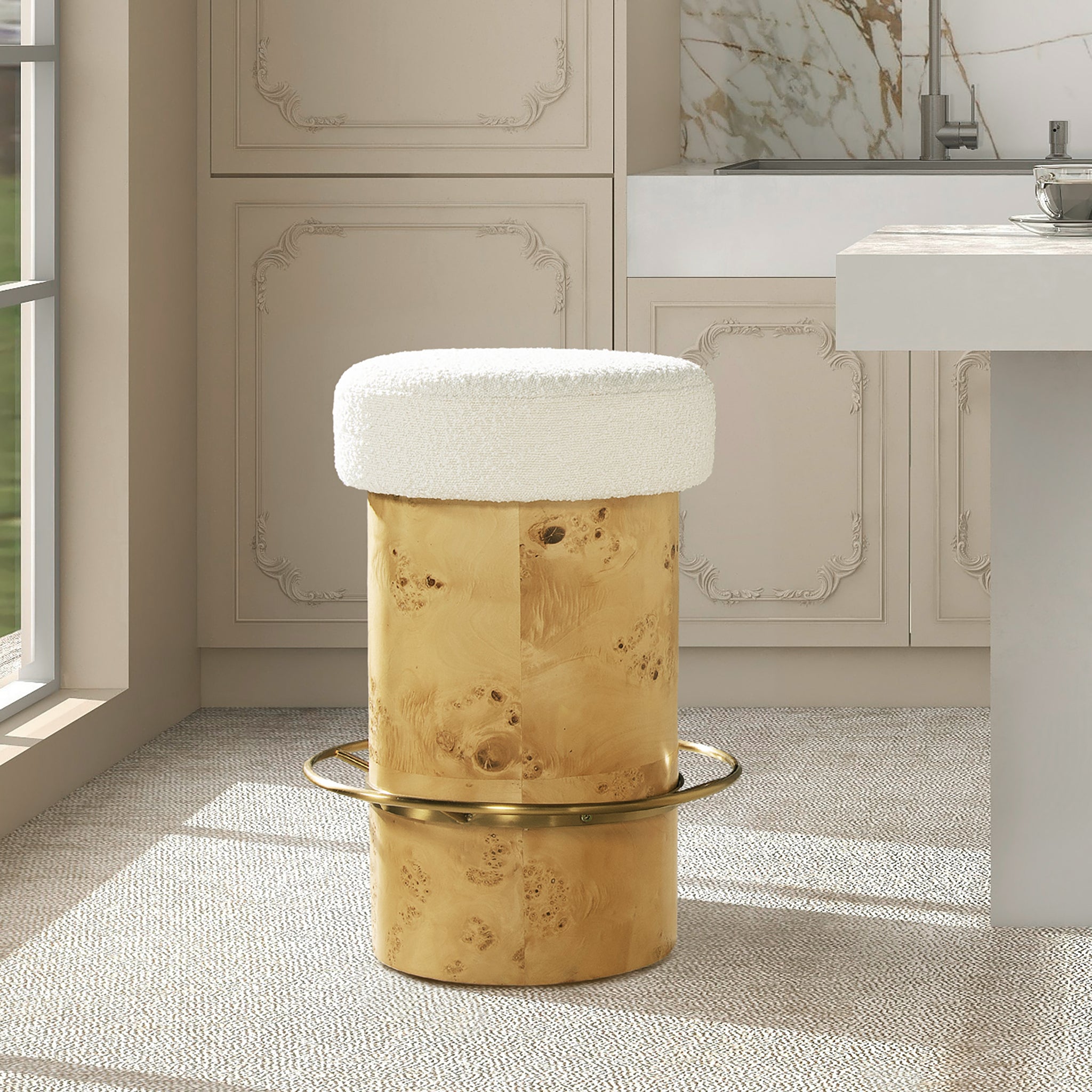 Nebula 26" Backless Round Upholstered Counter Stool With Burl Wood, Ivory White Boucle White Foam Boucle