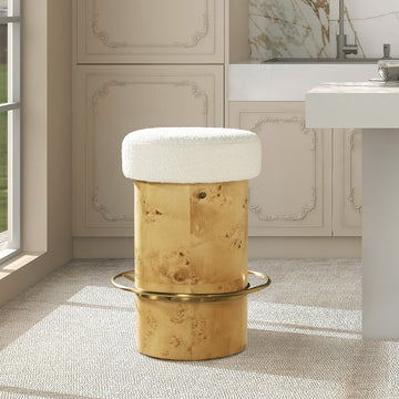 Nebula 26" Backless Round Upholstered Counter Stool With Burl Wood, Ivory White Boucle White Foam Boucle