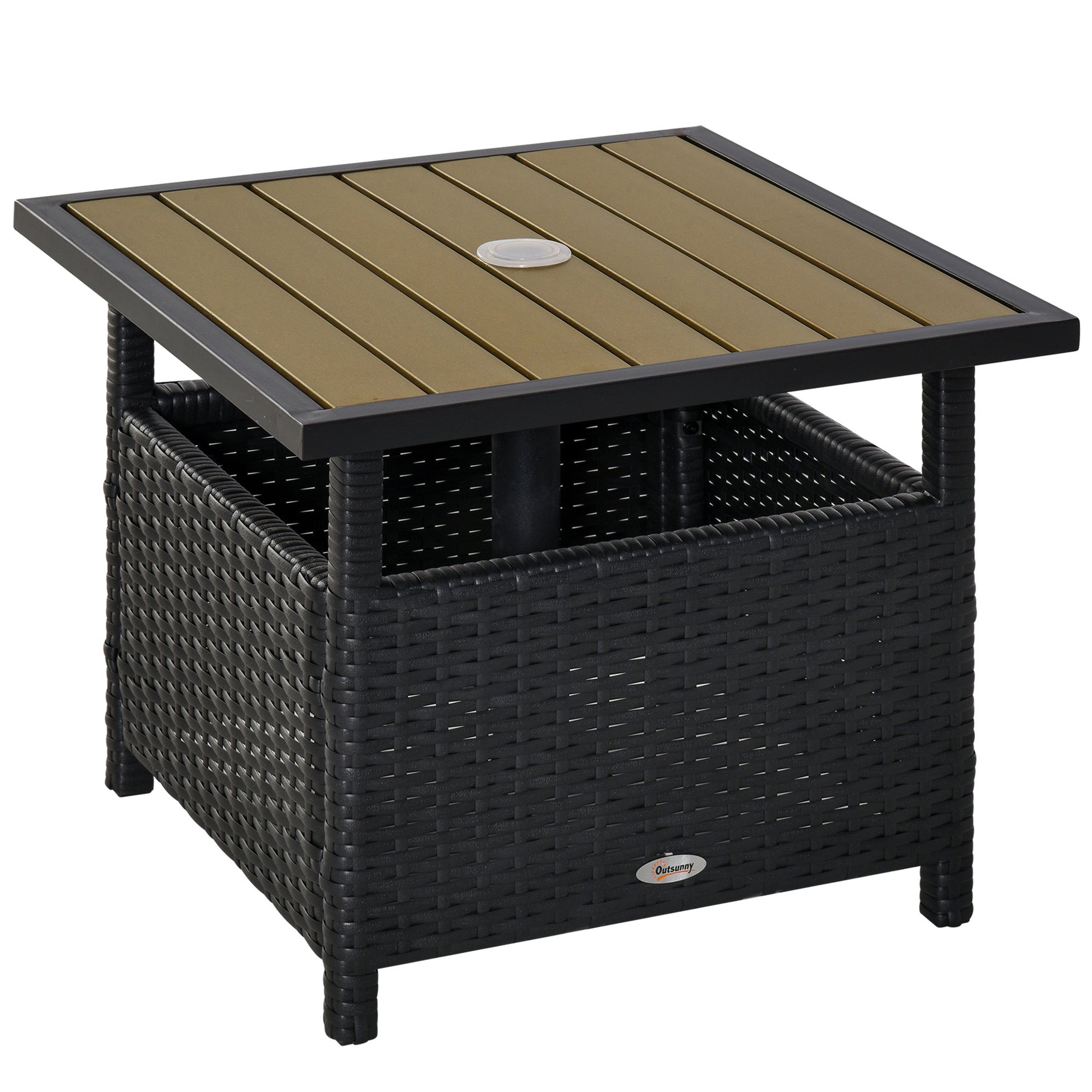 Outsunny 22'' Rattan Wicker Side Table With Steel Frame, Umbrella Insert Hole, Sand Bag For Outdoor, Patio, Garden, Backyard, Black & Tan Black Steel