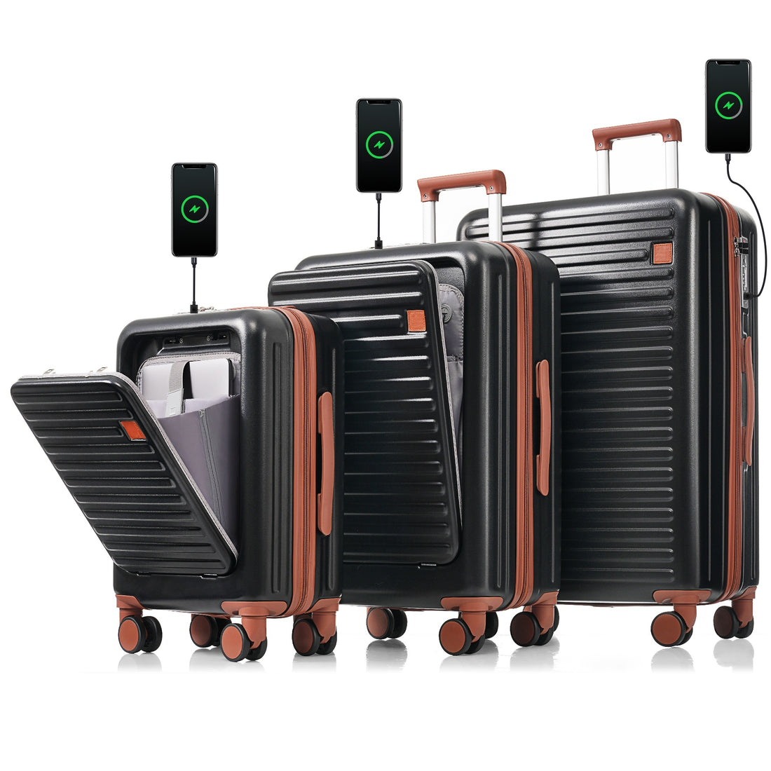 Luggage Set Of 3, 20, 24, 28Inch With Usb Port, 20, 24Inch With Front Opening Design Airline Certified Carry On Luggage With Cup Holder, Abs Hard Shell Luggage With Spinner Wheels, Black And Brown Black Abs