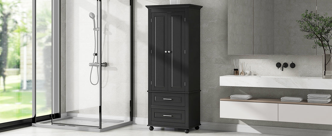 Tall Storage Cabinet With Two Drawers For Bathroom Office, Black Black Mdf