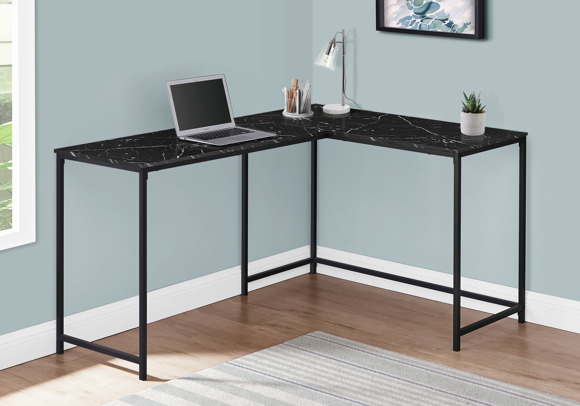 Computer Desk, Home Office, Corner, 58"L, L Shape, Work, Laptop, Black Marble Look Laminate, Black Metal, Contemporary, Modern Black Particle Board