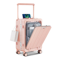 Aluminum Frame 20 Inch With Front Open Carry On Luggage, Pc Hard Shell Suitcase, Bounce Wide Handle Pull Rod Luggage With 360 Double Wheels, Built In Tsa Lock, Airline Approved Suitcase For Business Pink Pc