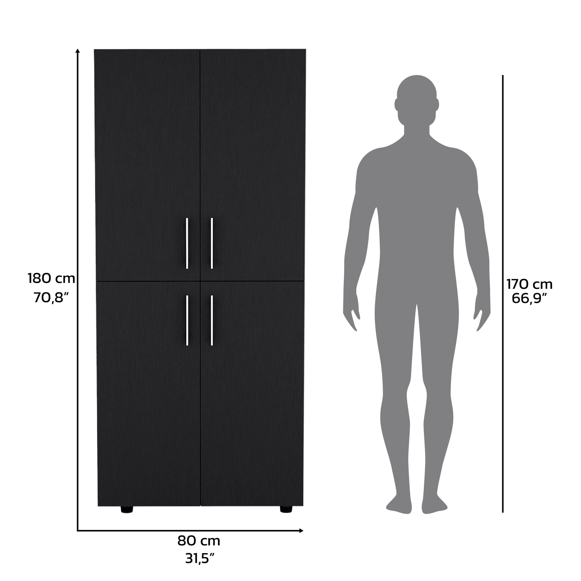 Armoire Wardrove 70" H, Double Doors, 6 Shelves, 2 Hanging Rods, Black Black Solid Wood Mdf Engineered Wood