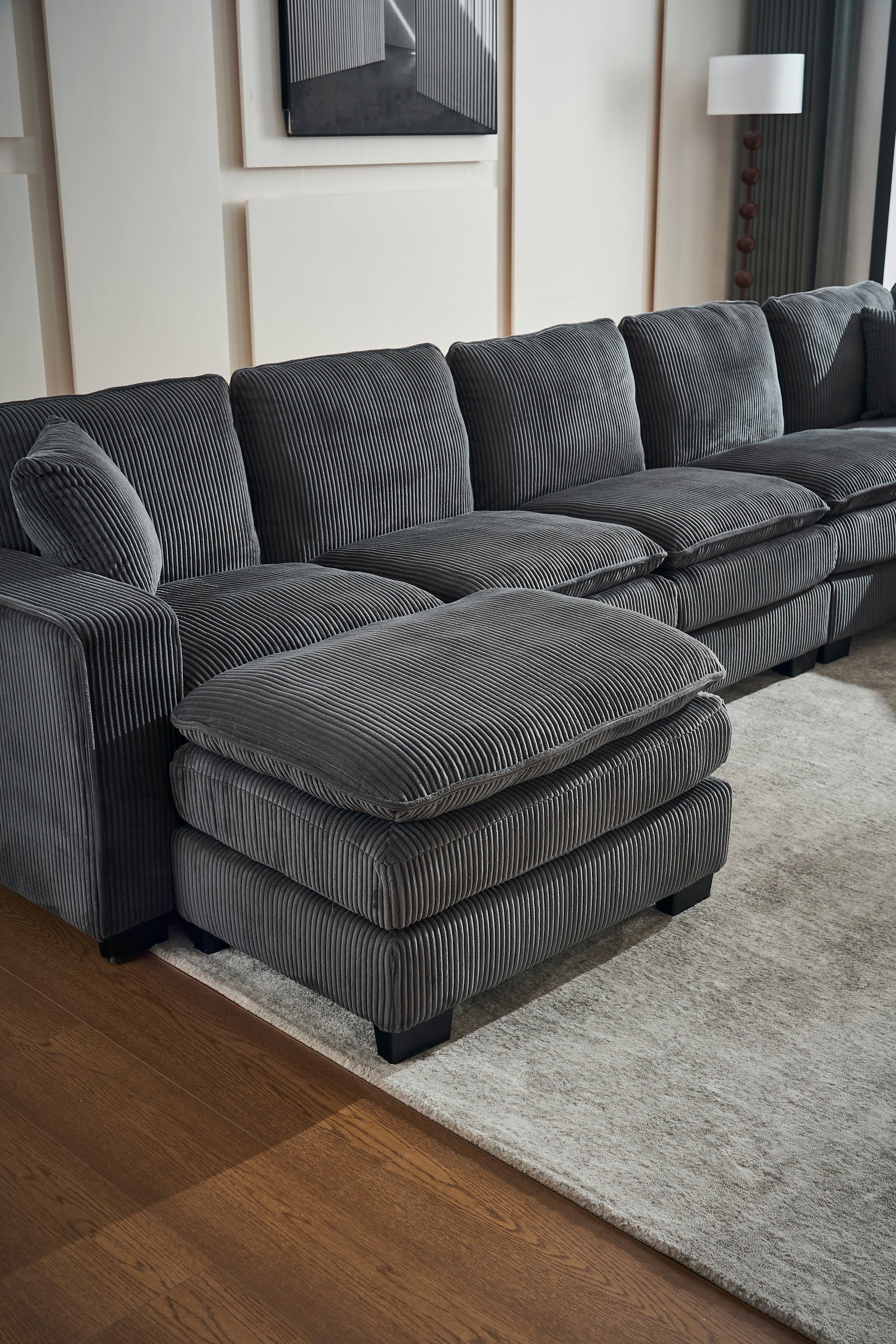 Modern U Shaped 6 Seat Sectional Sofa Couch With One Ottoman And Three Toss Pillows ,Modular Sofa For Living Room,Corduroy Sofa Grey Corduroy 7 Seat