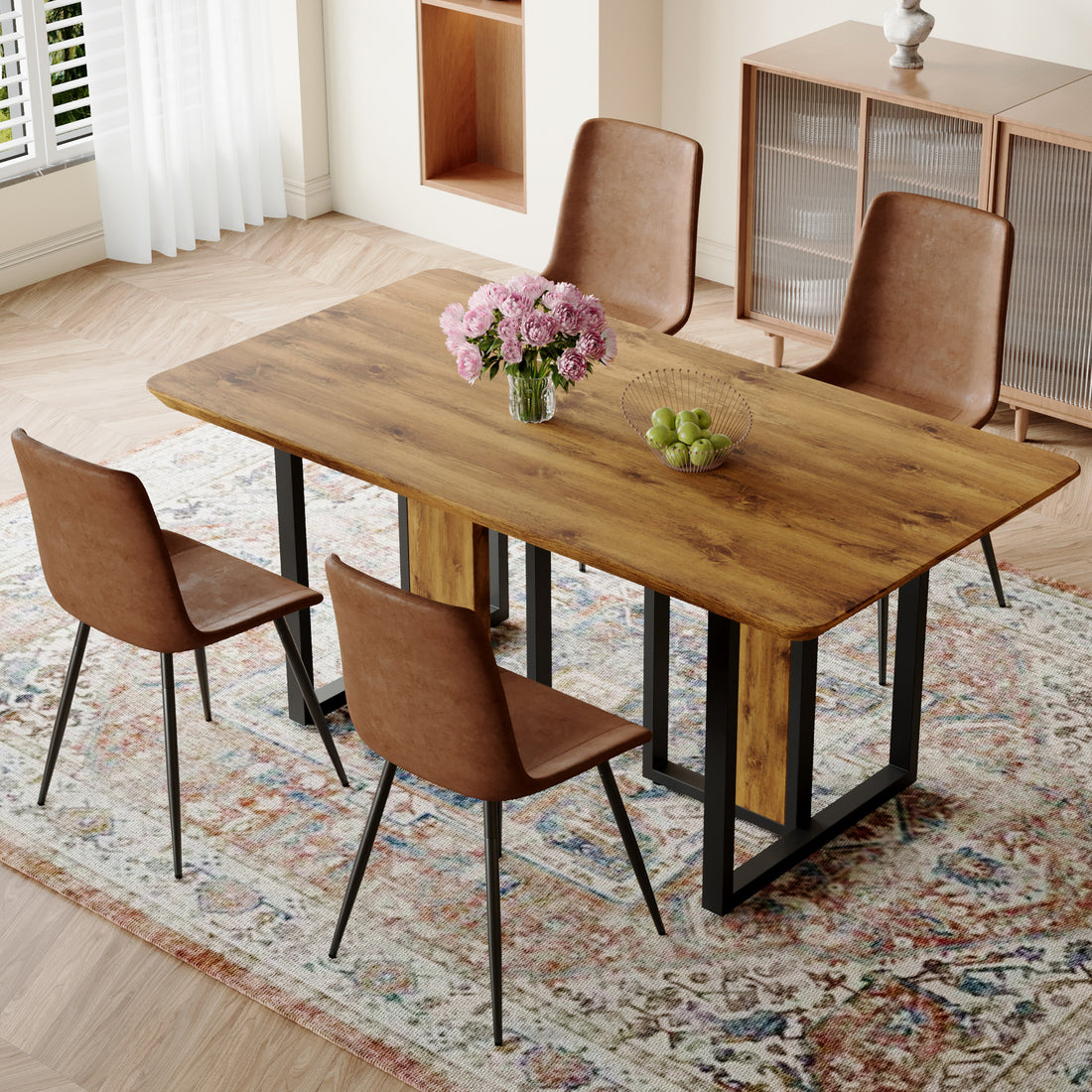 Table And Chair Set.67"X36" Wood Textured Mdf Dining Table Set With 4 Brown Suede Chairs.Mdf Sticker,Wood Colored Texture Sticker,Brown Armless Dining Chair,Suitable For Kitchen,Dining Room,Etc.