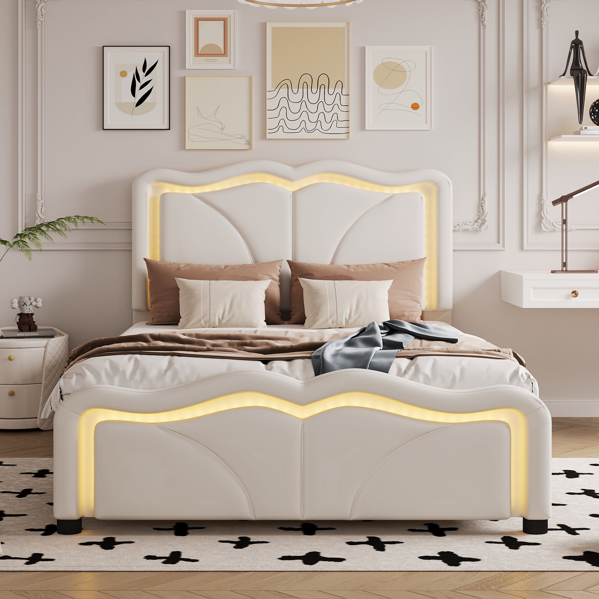 Twin Size Upholstered Platform Bed With Curve Shaped And Height Adjustbale Headboard,Led Light Strips,White Twin White Upholstered