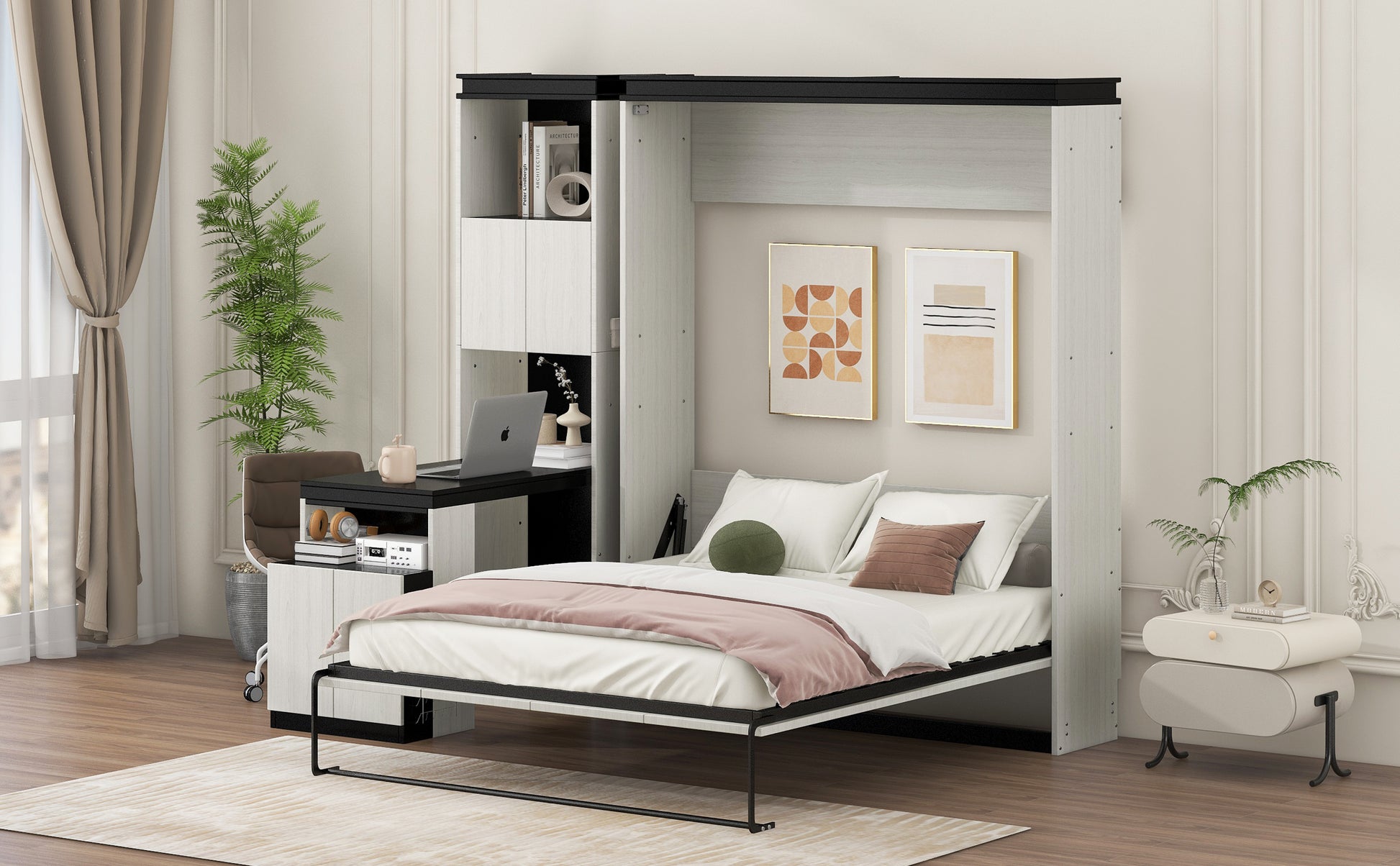 Full Size Murphy Bed With Desk And Storage Shelves And Cabinets, Black White Box Spring Not Required Full Black White Solid Wood Mdf