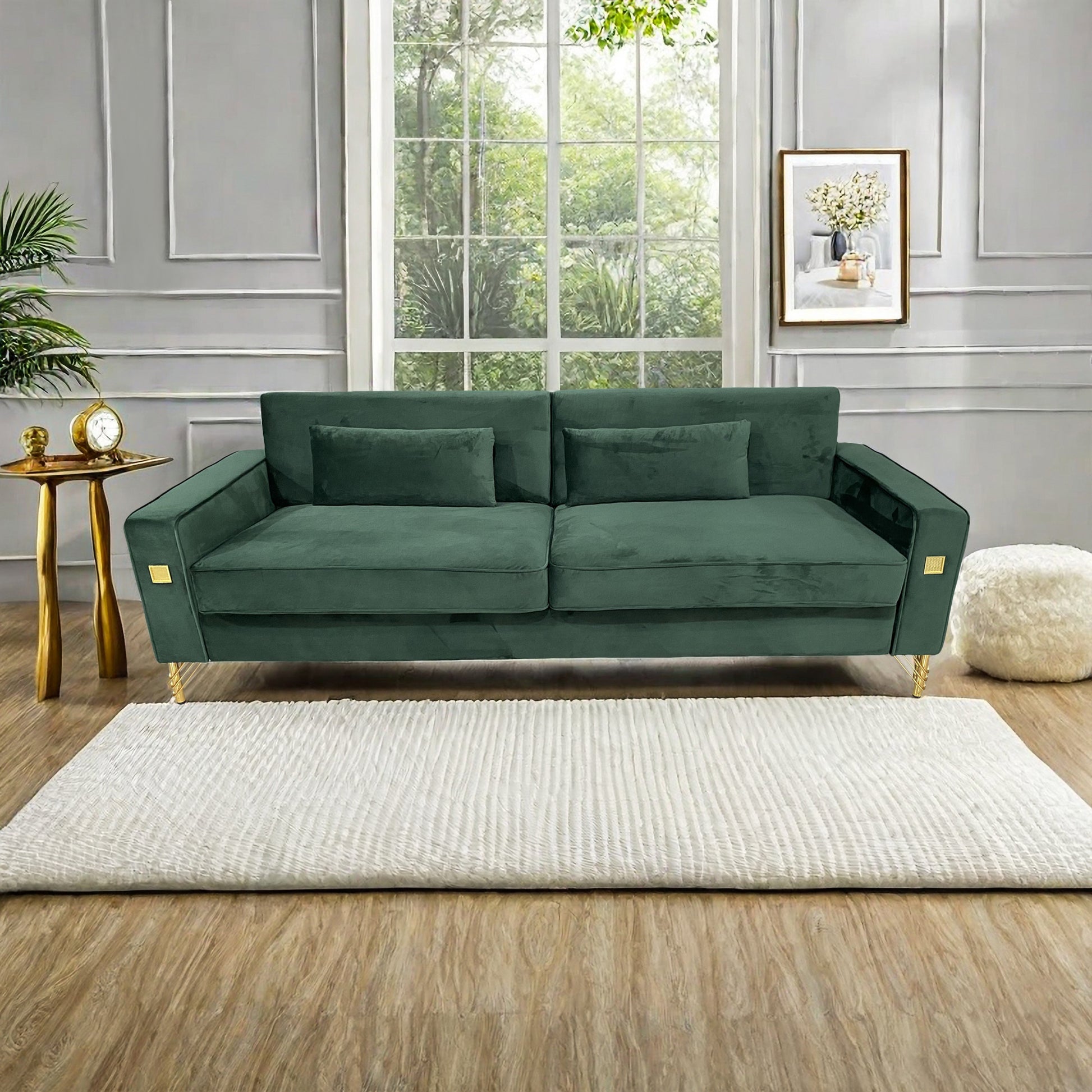 Fx P18 Rg2 Sofa Luxury Emerald Green Velvet Sofa With Gold Accents Modern 3 Seat Couch With Plush Cushions, Perfect For Living Room And Office Decor Retro Green Velvet 2 Seat