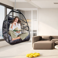 Swing Hammock Egg Basket Chairs Without Stand Indoor Outdoor, Uv Resistant Cushion Hanging Chair, Foldable Frame 350Lbs Capacity Ceiling Hammock Chair For Patio Porch Backyard Balcony Black Rattan