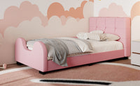 Twin Size Upholstered Platform Bed With Guardrail, Pink Box Spring Not Required Twin Pink Wood Faux Leather Upholstered