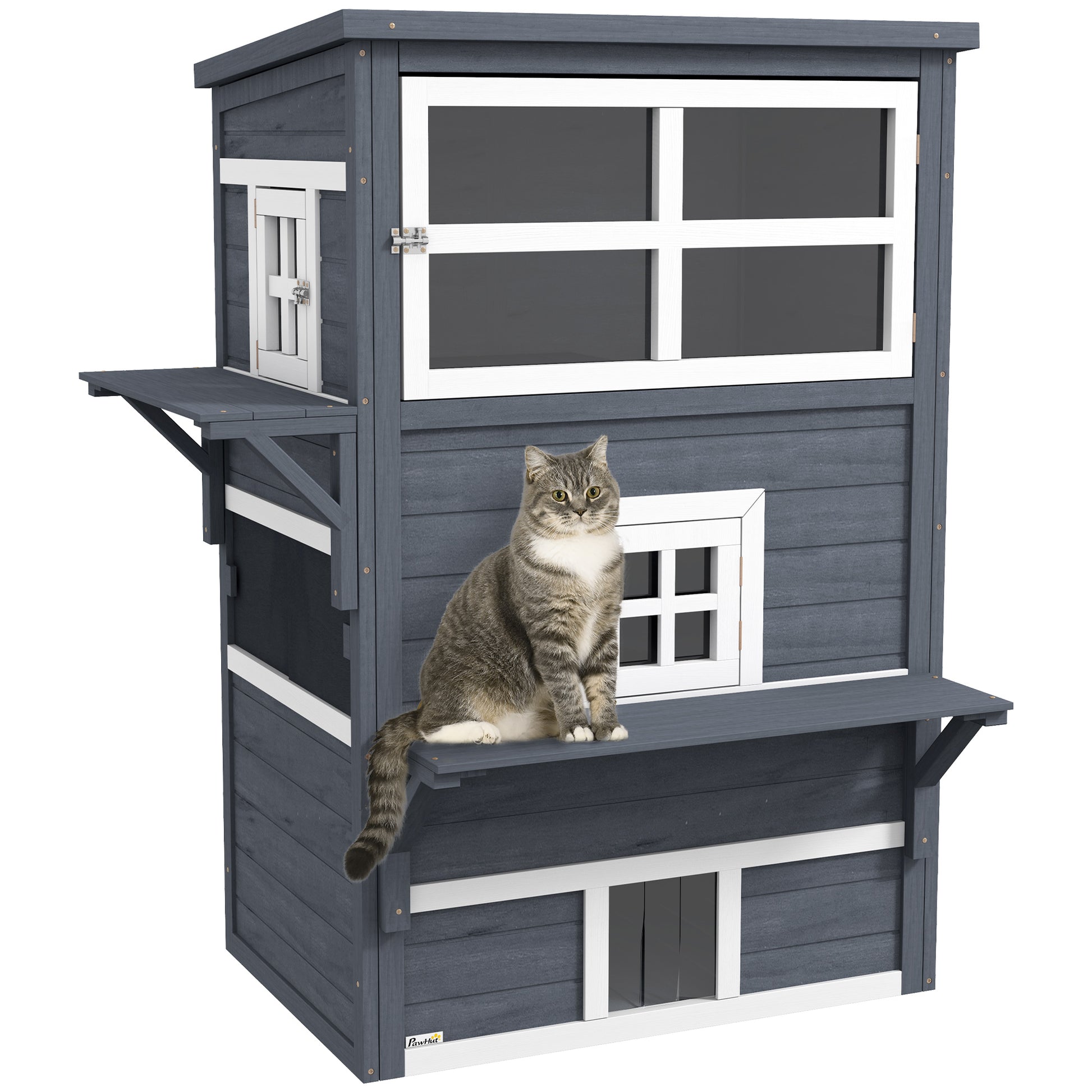 Pawhut 3 Story Cat House Feral Cat Shelter, Outdoor Kitten Condo With Raised Floor, Asphalt Roof, Escape Doors, Jumping Platforms, Dark Gray Dark Gray Wood