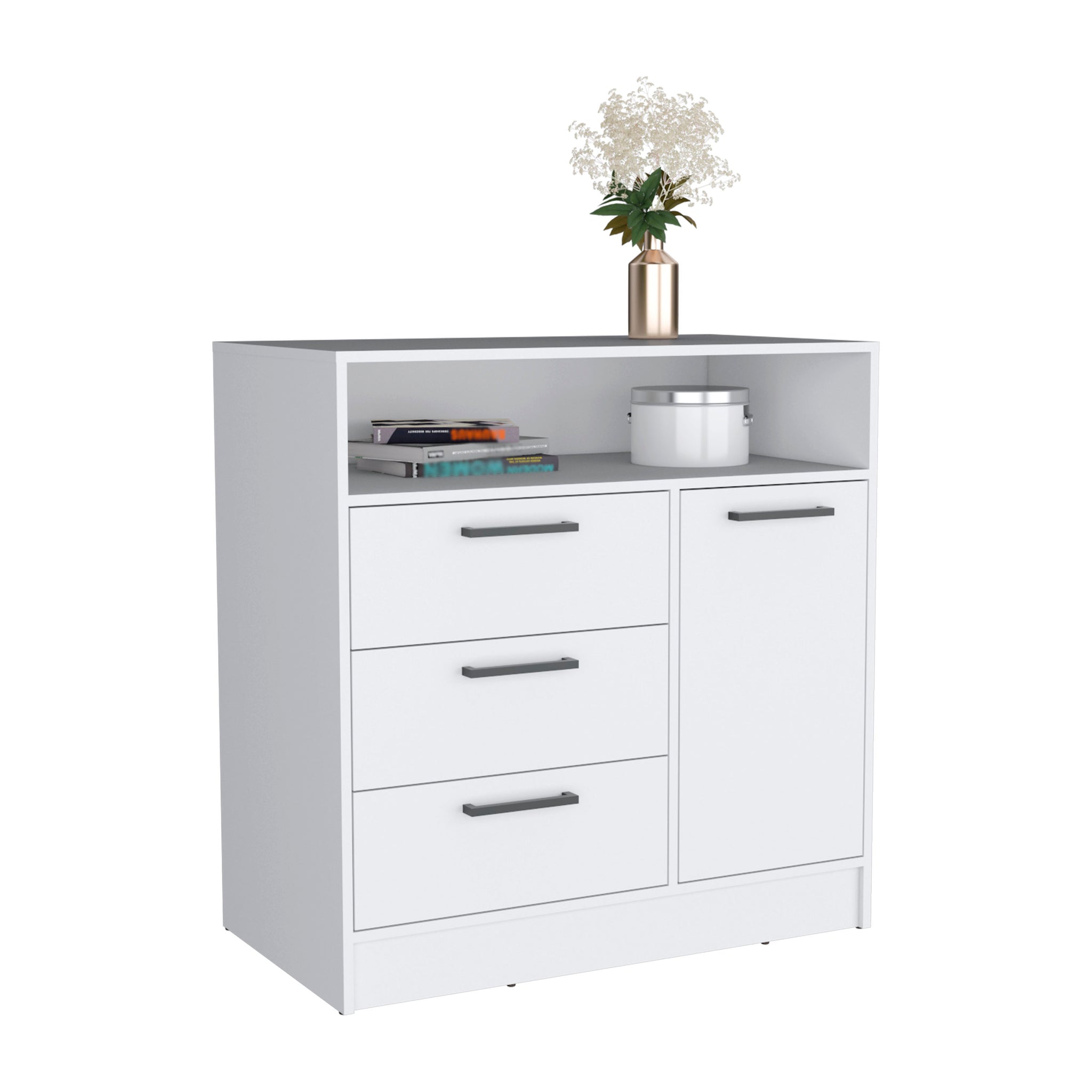 Dresser With Spacious 3 Drawer And Single Door Storage Cabinet, White White Solid Wood Mdf Engineered Wood