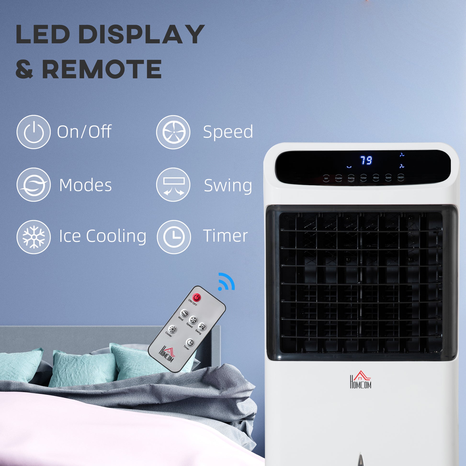 Homcom 32" Mobile Evaporative Air Cooler, 3 In 1 Ice Cooling Fan Water Conditioner Humidifier Unit With Remote, Timer, Oscillating, Led Display, 3.2Gal Water Tank For Home Office, Bedroom, White White Abs