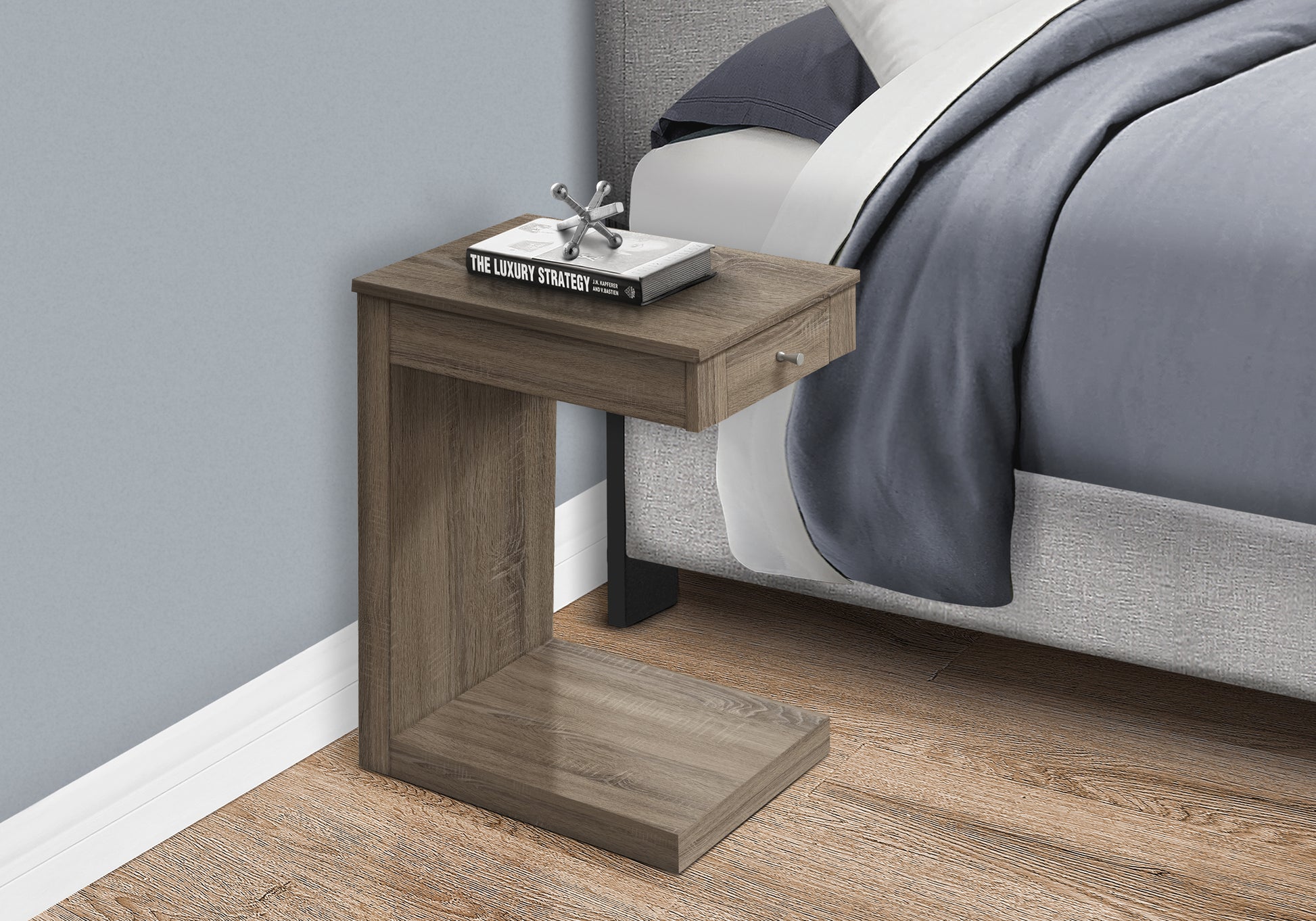 Accent Table, C Shaped, End, Side, Snack, Storage Drawer, Living Room, Bedroom, Brown Laminate, Contemporary, Modern Taupe Particle Board