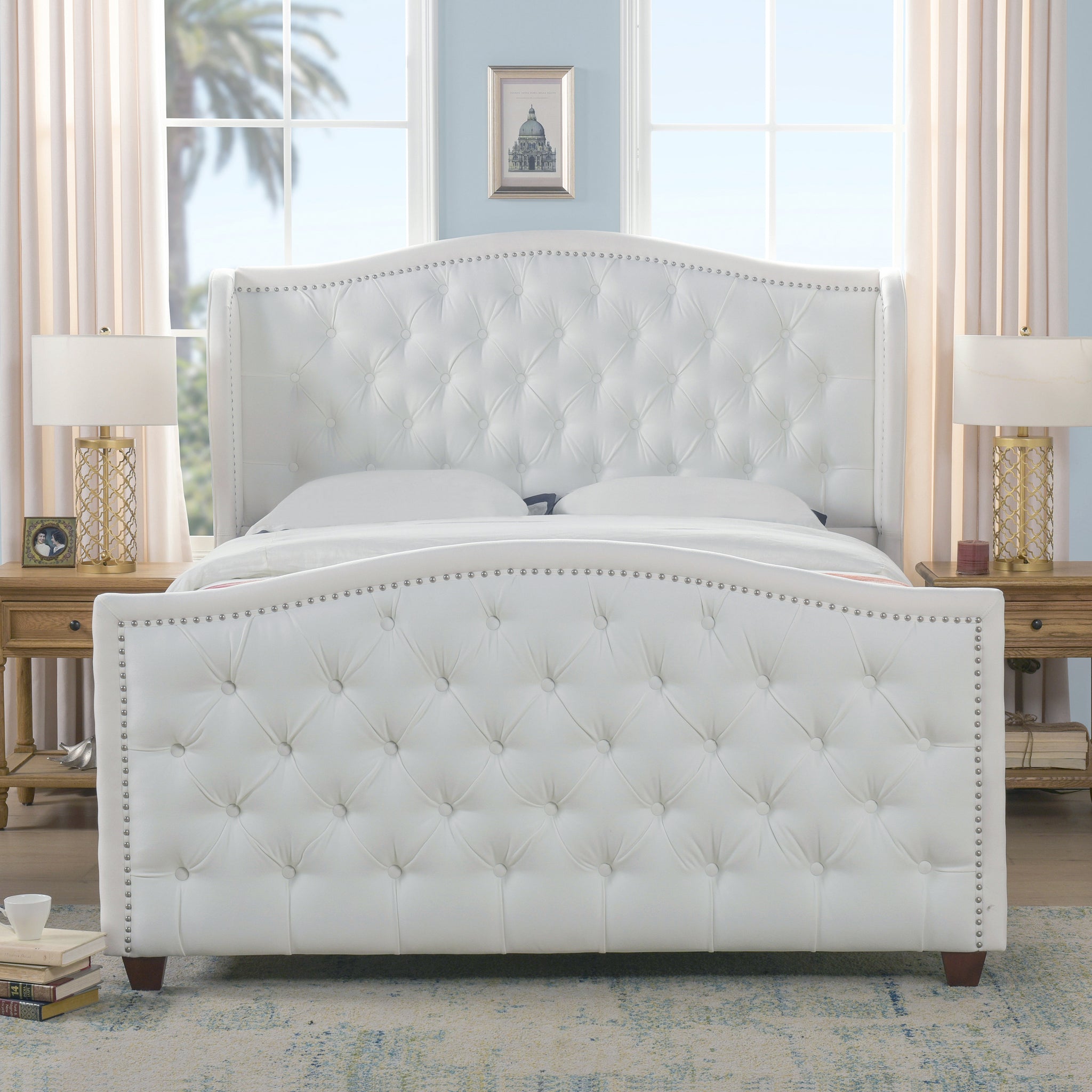 Marcella Upholstered Shelter Headboard Bed Set, Queen, Bright White Polyester Box Spring Required Queen White Wood Foam Polyester Polyester