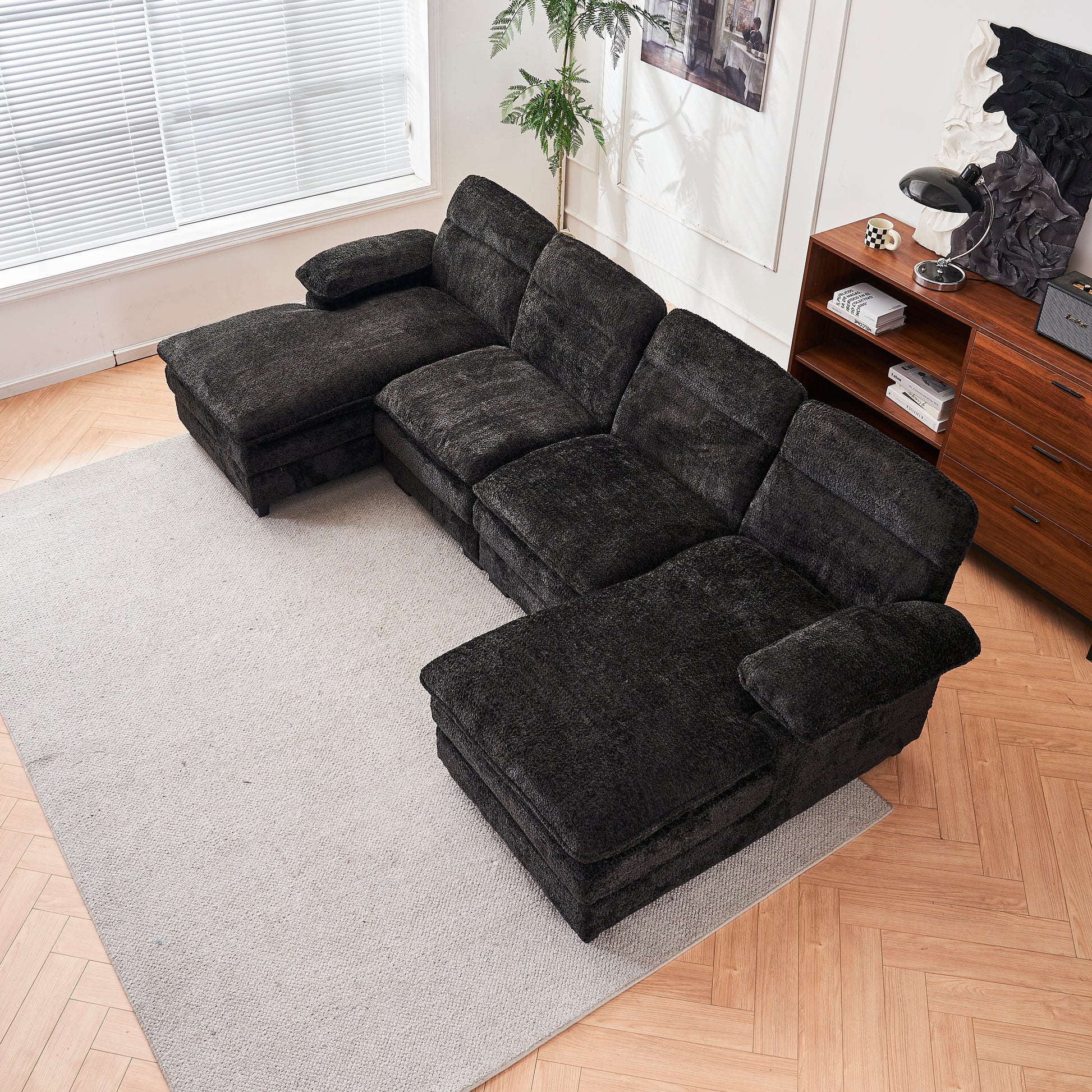 U Shaped Profile Sofa, Including Two Single Seats And Two Chaise, Modular Sofa, Chenille Sofa,Black Black Foam Polyester 4 Seat