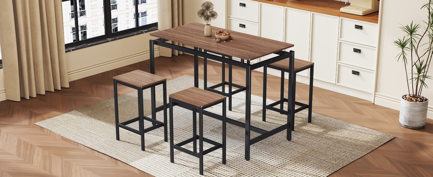 5 Piece Compact Bar Table Set With Table And Stools Modern Industrial Design, Space Saving Furniture For Dining Room And Breakfast Nook Dark Brown Dark Brown Mdf Steel