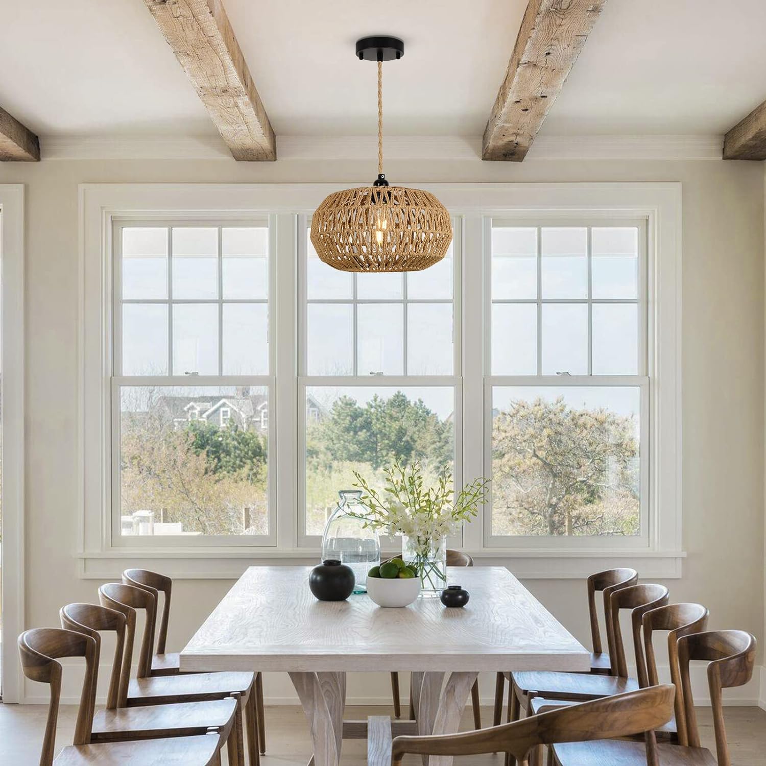 Farmhouse Led Rattan Pendant Lights, Boho Chandelier Light Fixture, Rustic Wicker Hand Woven Rope Cage Basket Pendant Hanging For Dining Room Living Room Kitchen Bedroom Nursery Foyer Hallway Entryway Brown Rattan Metal