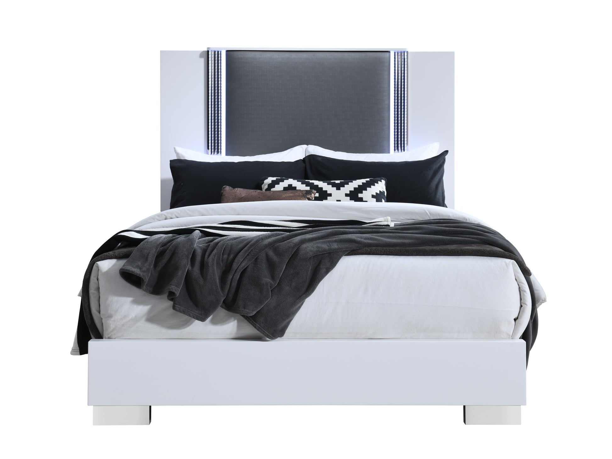 Moon Smooth White Queen Bed With Led White Solid Wood Mdf