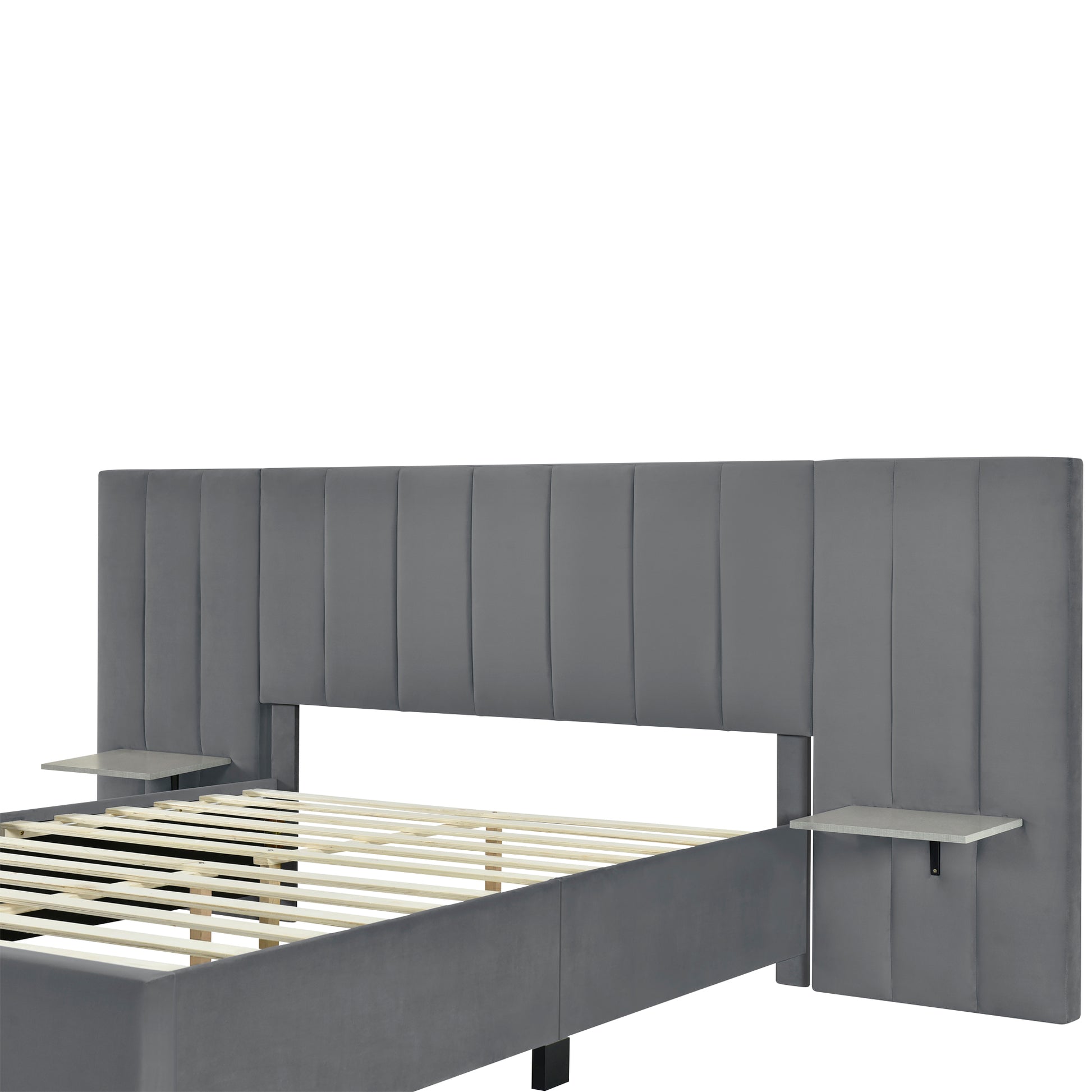 Queen Size Upholstered Platform Bed With Big Headboard, Bedroom Furniture, Velvet, Gray Queen Gray Plywood