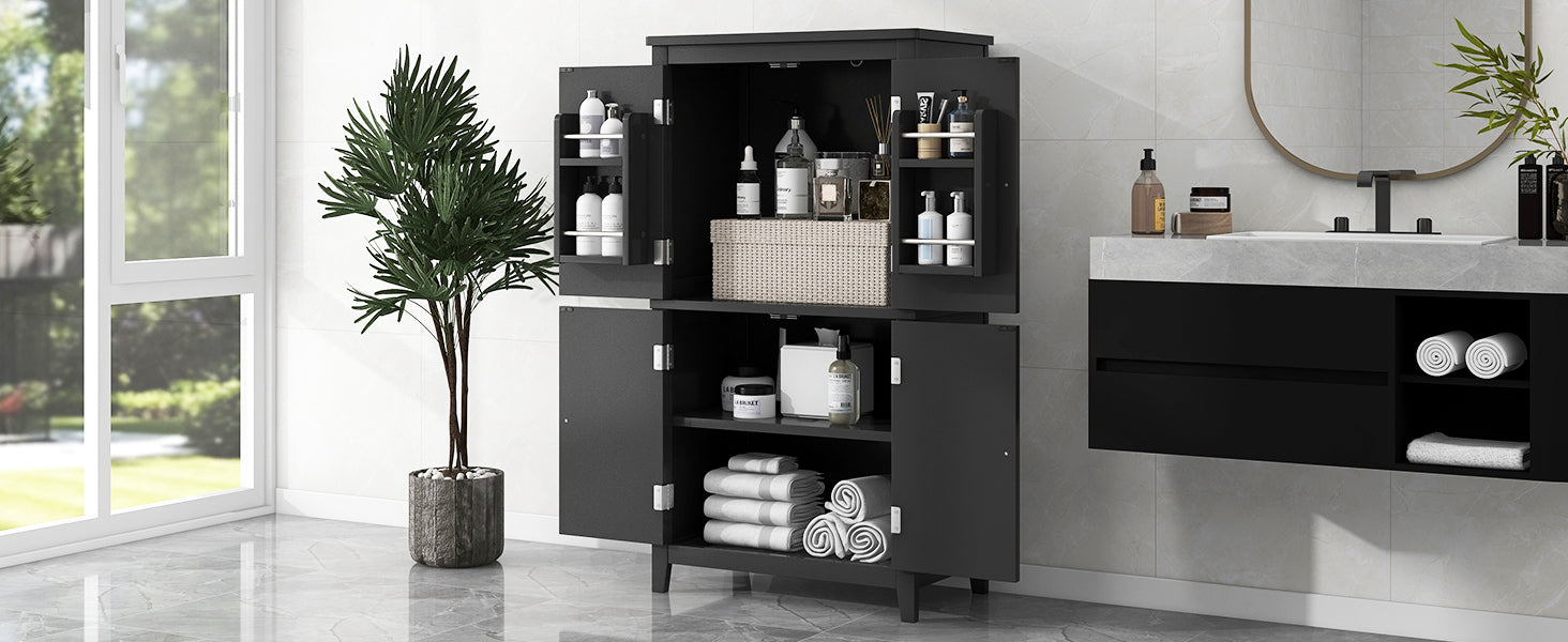 Elegant Bathroom Floor Storage Cabinet, Bathroom Storage Unit, Freestanding Cabinet With 4 Doors, Adjustable Shelves, Adaptable Shelves, Black Black Mdf