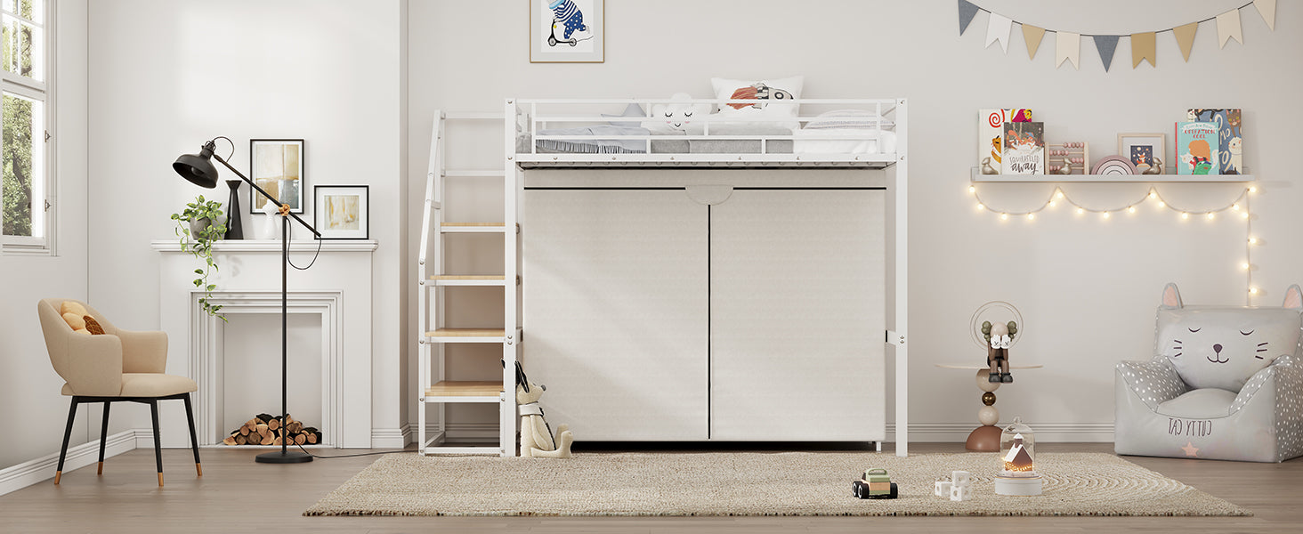 Twin Size Metal Loft Bed With Wardrobe And Storage Shelves, White Box Spring Not Required Twin White Metal Mdf Metal