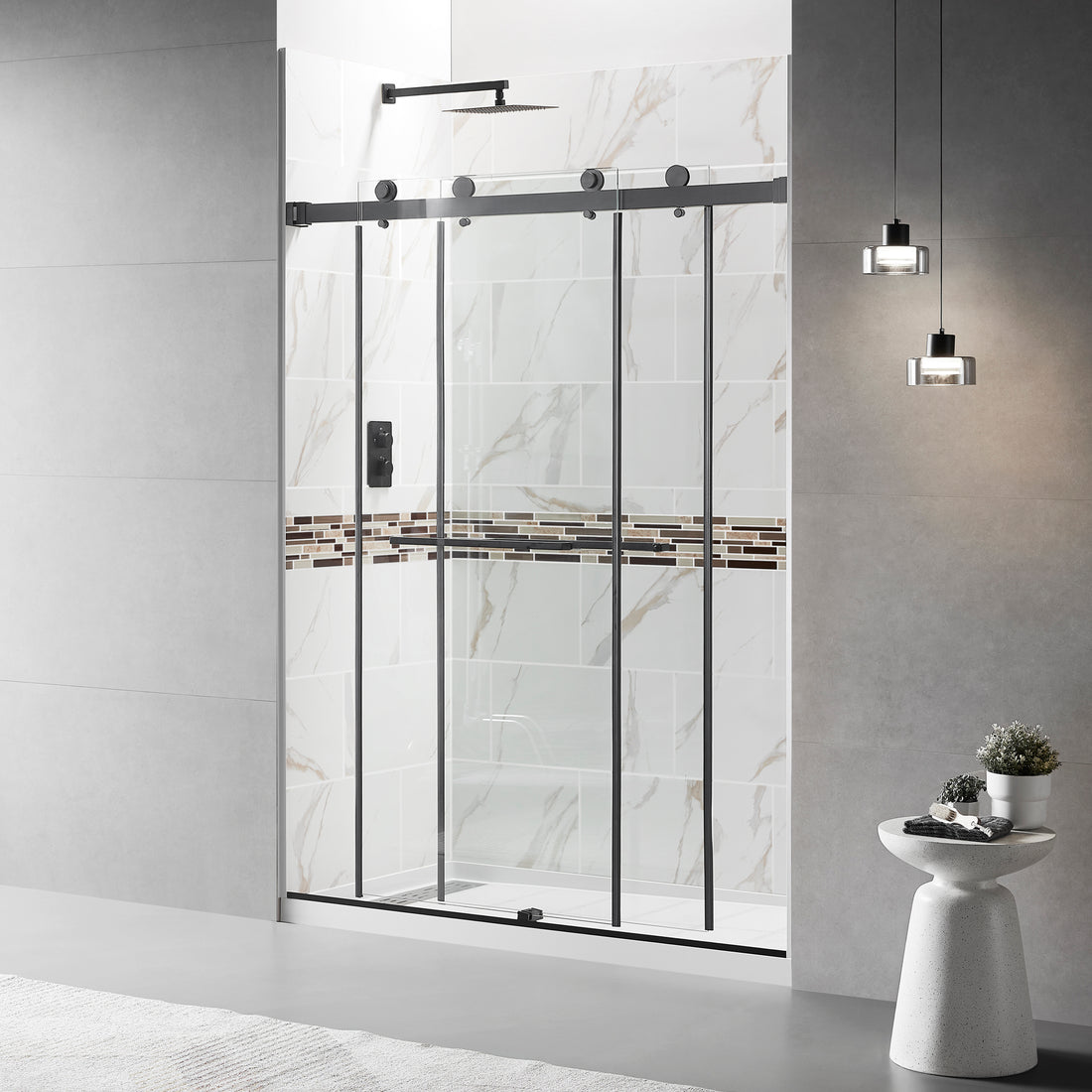 56" 60"W X 76"H Frameless Double Sliding Shower Door, 3 8" 10Mm Clear Tempered Glass, Glass Door For Bathroom, Matte Black Finish Matte Black Bathroom American Design Glass Metal