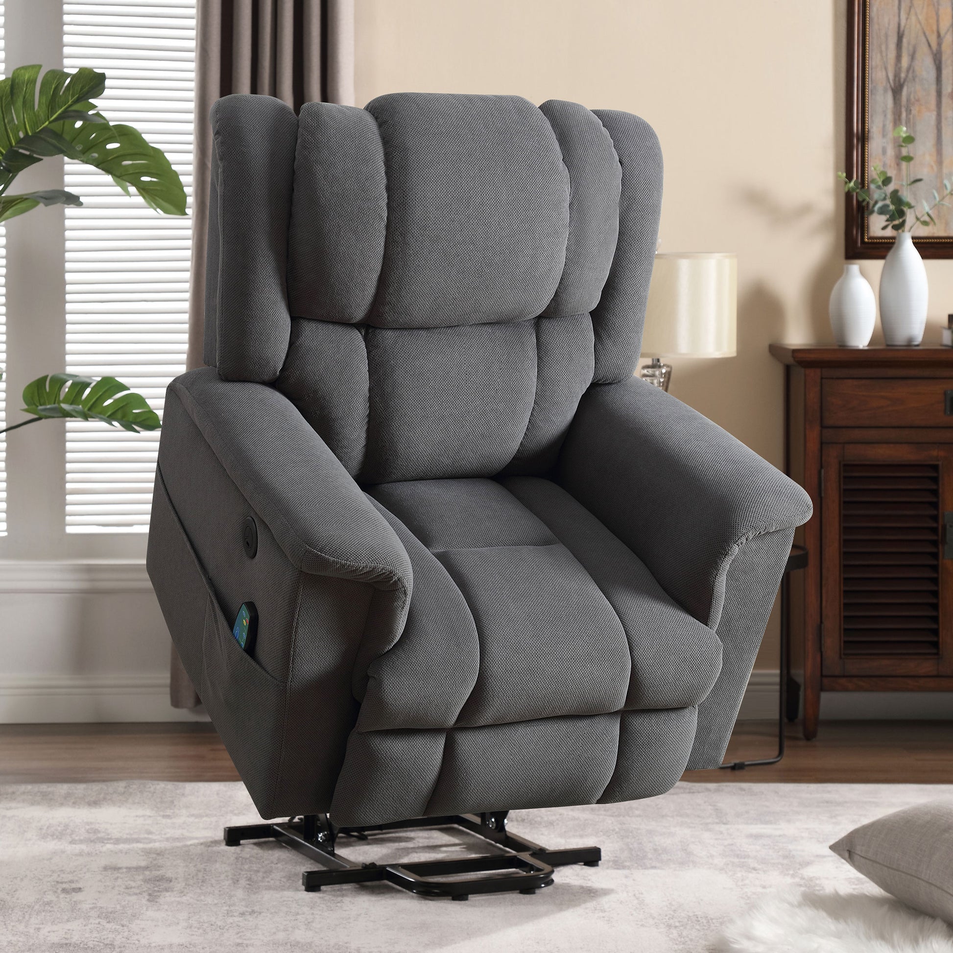 Power Lift Recliner Chair Recliners For Elderly With Heat And Massage Recliner Chair For Living Room With Infinite Position And Side Pocket,Usb Charge Port. Grey Power Remote Wood Soft Fabric