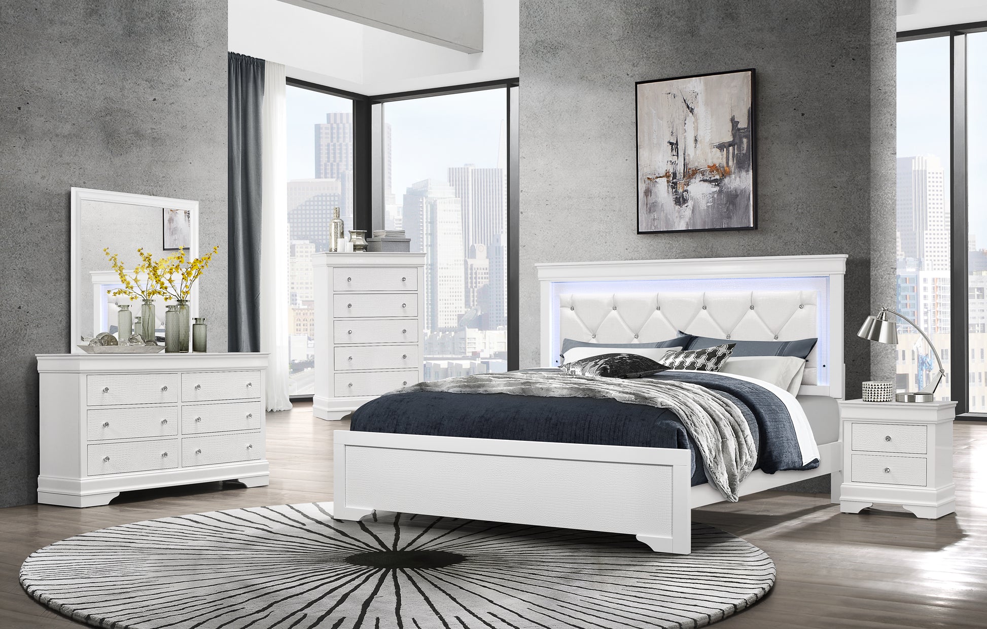 Shaker Crocodile Metallic White Queen Bed With Led White Solid Wood Mdf