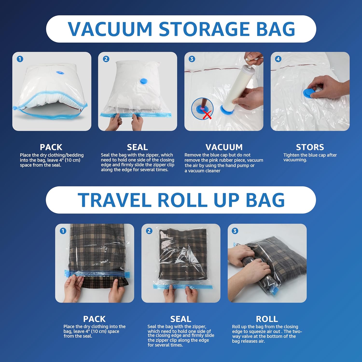 20 Pack Vacuum Storage Bags 4 Jumbo 4 Large 4 Medium 4 Small 4 Roll M Space Saver Bags, Vacuum Seal Bags With Hand Pump For Comforters, Blankets, Bedding, Pillows And Clothes White Polyethylene