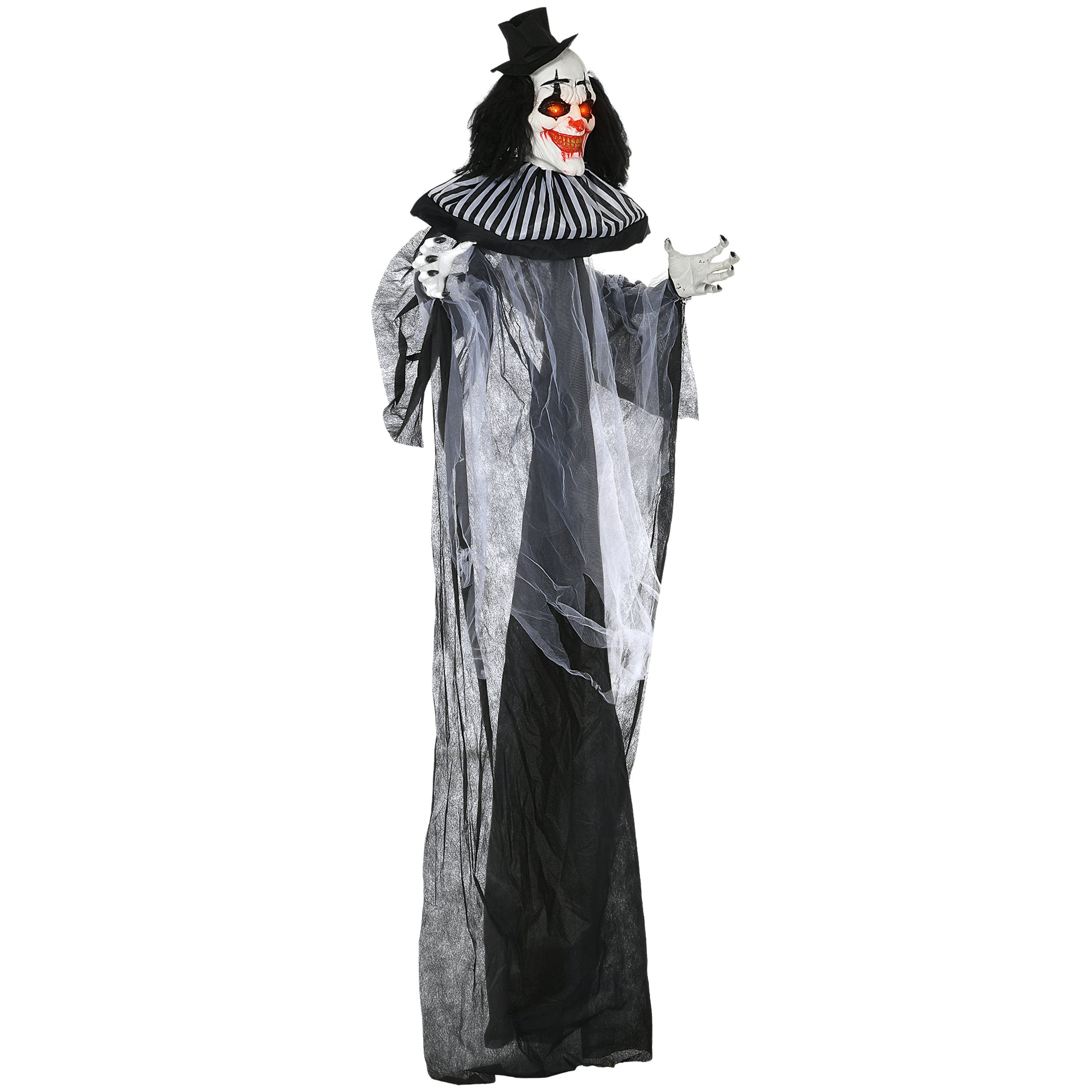 Homcom 6' Life Size Outdoor Halloween Decoration, Classic Black And White Striped Clown Animatronic, Sound And Motion Activated Animated Prop With Light Up Eyes & Sounds Black Polyester