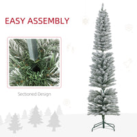 Homcom 7Ft Artificial Pencil Christmas Tree With 405 Snow Flocked Tips, Metal Base, Realistic Xmas Tree Green Plastic
