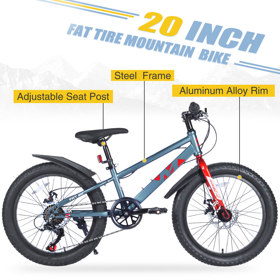 20 Inch Kids Bicyclesfat Tire Mountain Bike For Boys And Girls Age 5 Years ,Dual Disc Brake,Shimano 7 Speed ,Kids Beach And Snow Bicycle Grey Steel