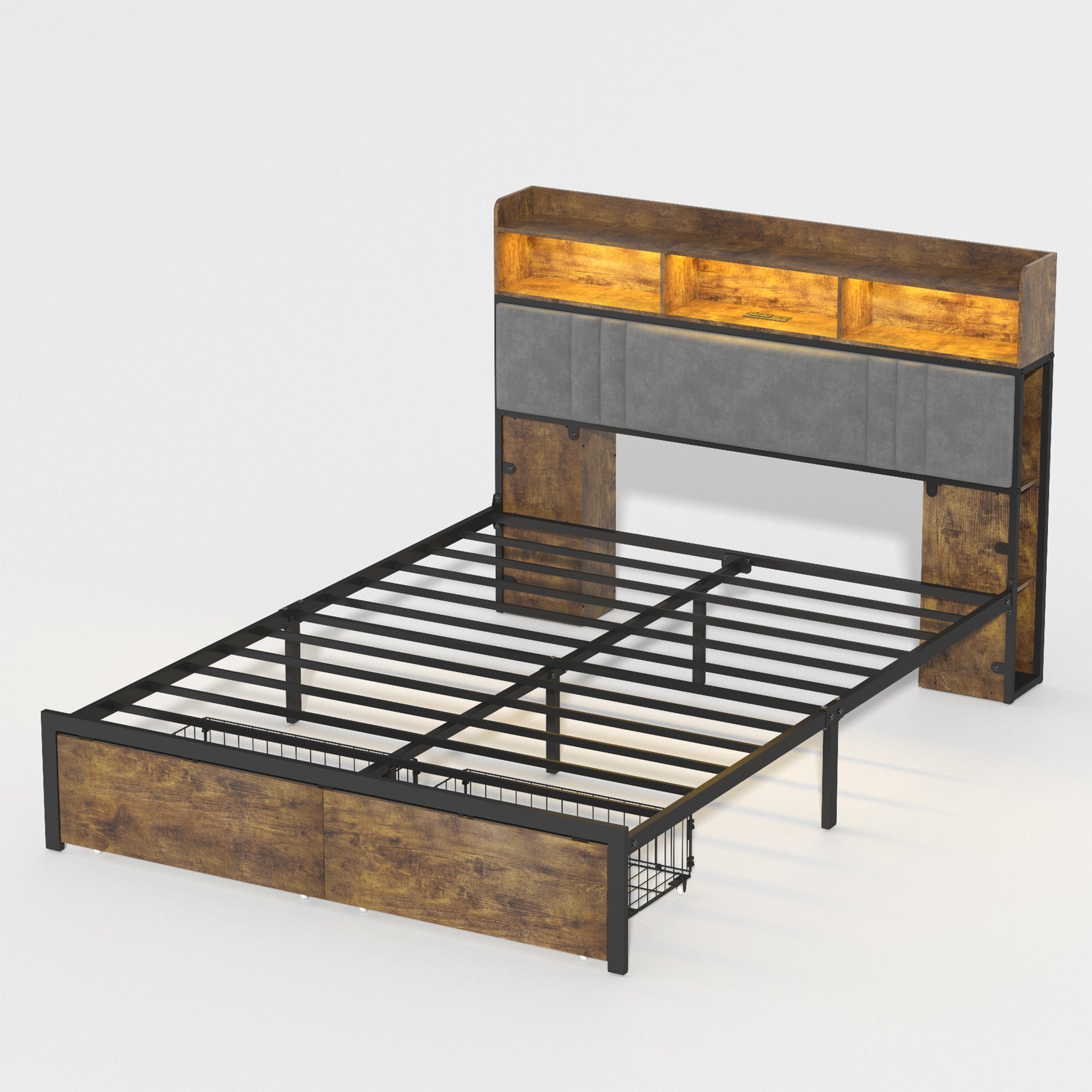 Bed Frame Queen Size With Storage Headboard And 2 Drawers, Upholstered Platform Bed With Charging Station And Led Light, Heavy Duty Frame Support, No Box Spring Needed, Noise Free, Dark Brown Box