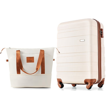 20 Inch Carry On Luggage With Expandable Travel Bag Set, Abs Hard Shell Two Piece Suitcase Set, Ivory And Brown Ivory Abs