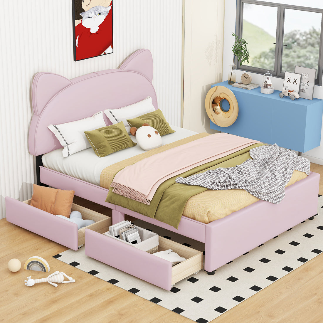 Full Size Upholstered Platform Bed With Cartoon Ears Shaped Headboard And 2 Drawers, Pink Box Spring Not Required Full Pink Wood Bedroom Bed Frame Faux Leather Upholstered